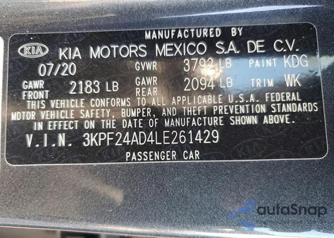2020 Kia Forte Fe from USA, damaged, VIN 3KPF24AD4LE261429